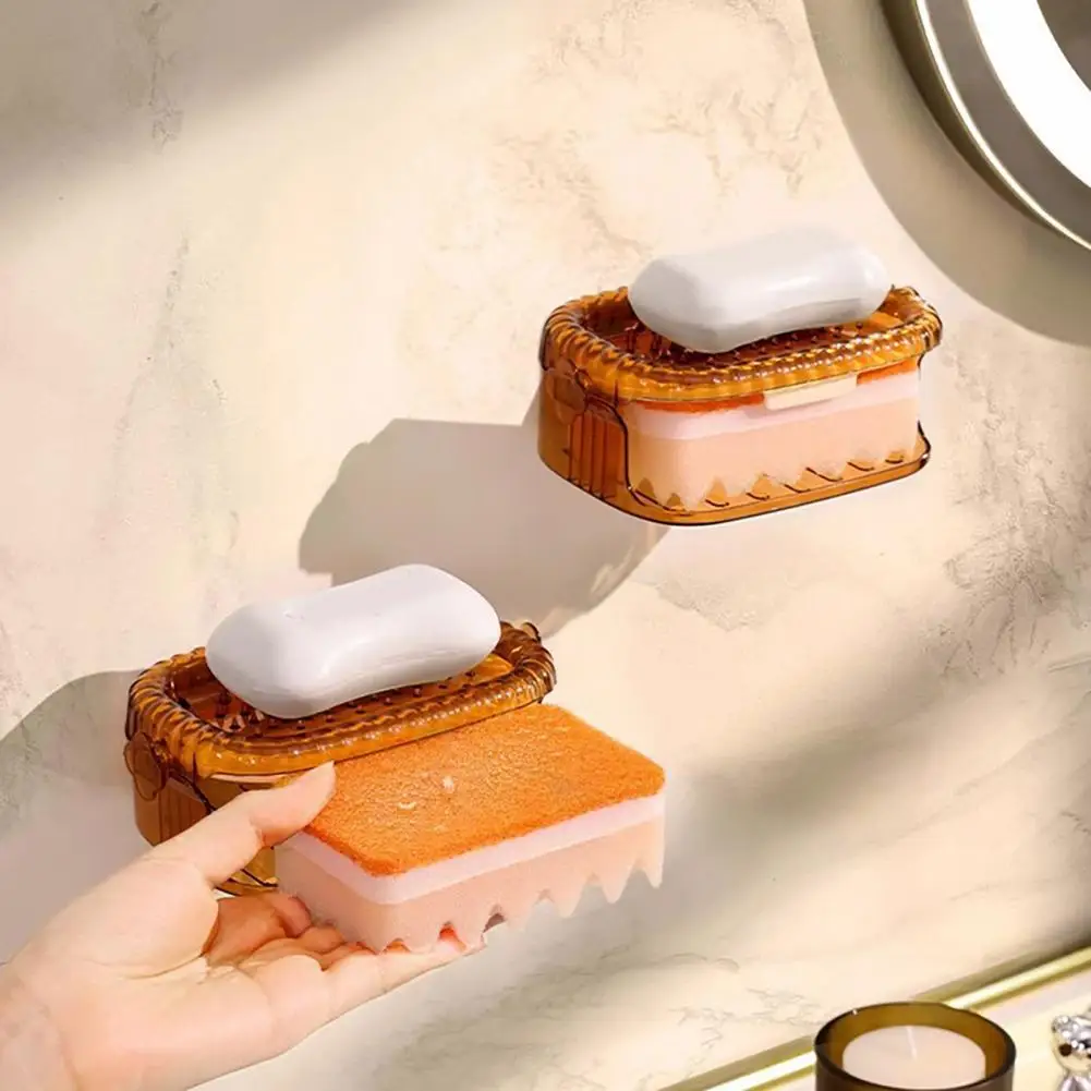 Double Layer Soap Bar Holder Wall Mounted Soap Dish Punch-Free Installation Soap Draining Holder Sponge Brush Storage Box