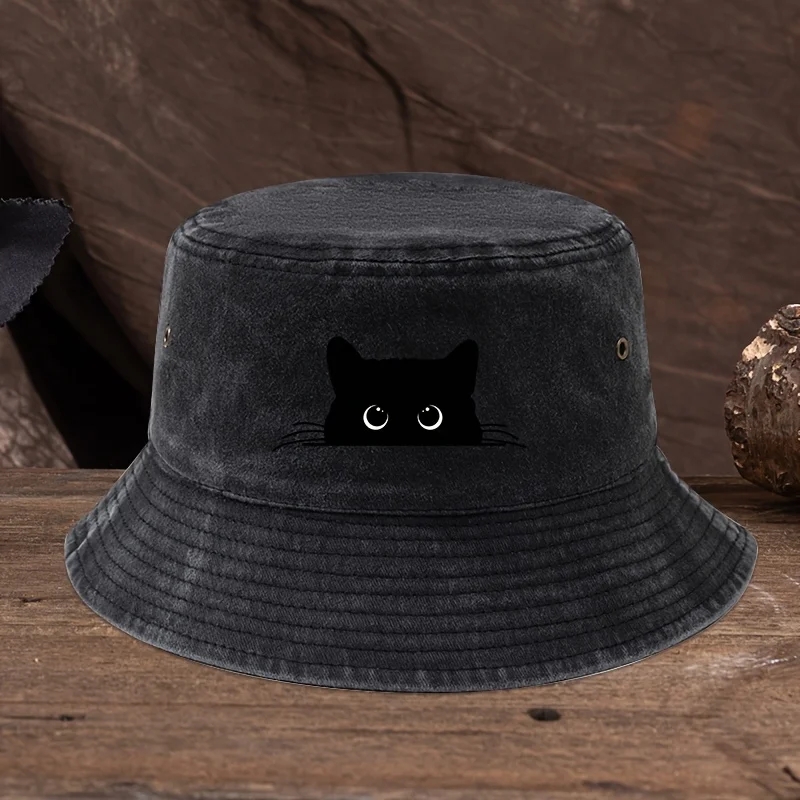 Cute black cat print pattern fisherman hat with vintage style suitable for outdoor travel for men and women