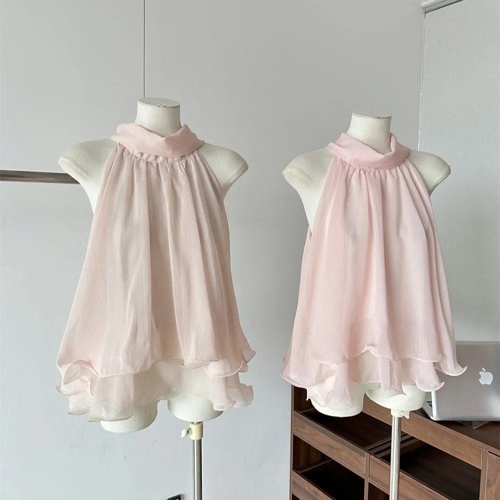 Sweet Pink Blouse Neck Hanging Sash Sleeveless Women's Summer Atmosphere Sense Slimming Polyester Fiber Outerwear
