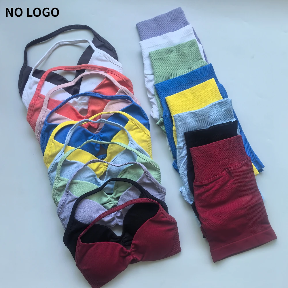 

NO LOGO 2PCS Gym Set Women Strappy Yoga Bra Top High Waist Workout Scrunch Shorts Sports Suit Seamless Yoga Set Fitness Clothes