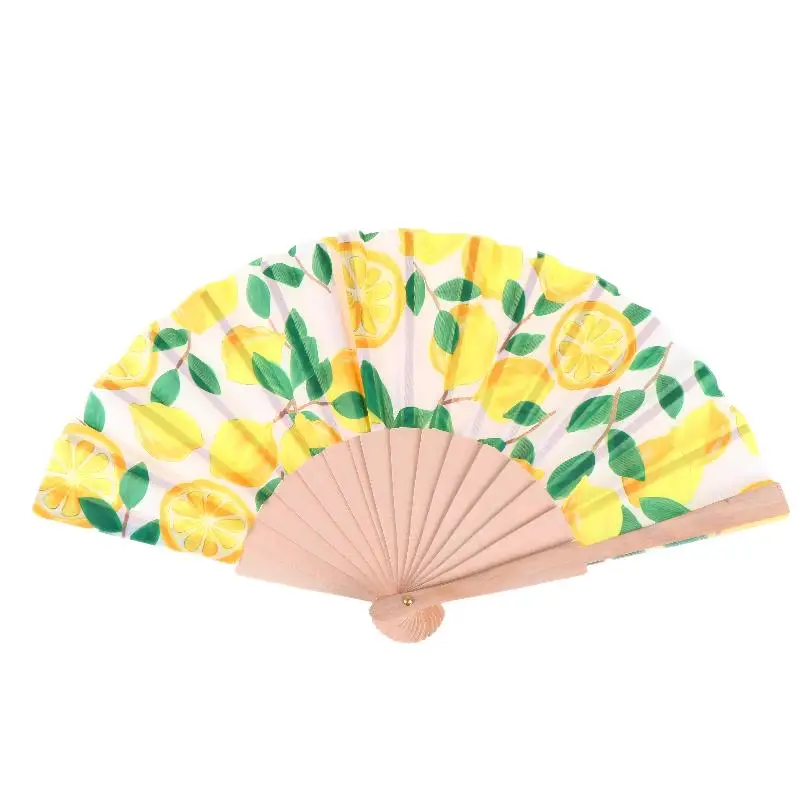 Lemon Print Folding Hand Fan Fruit Pattern Bamboo Fabric Handheld Fan For Summer Cooling Dance Performance Wedding Party Decor