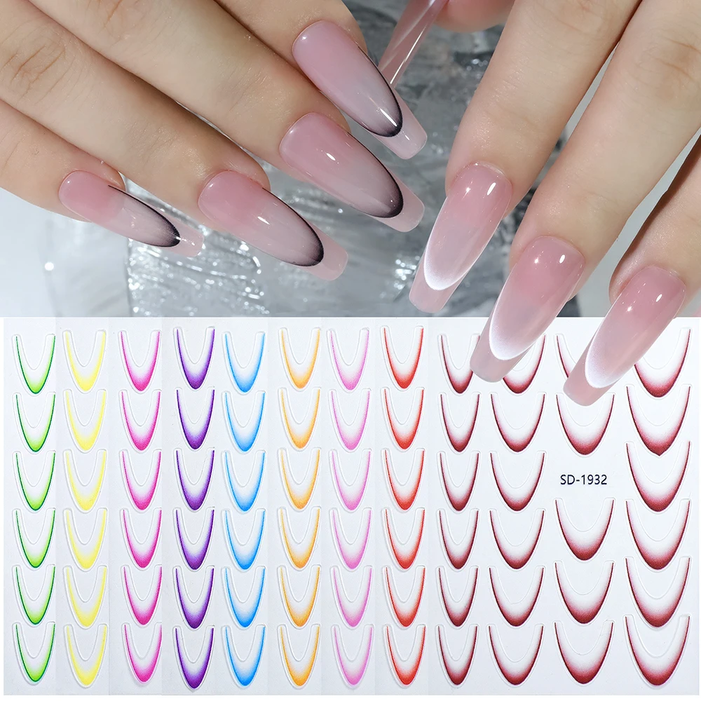 3D French V Line Nail Curved Decals Gradien Line Nail Sticker Manicure Nail Decoration Silver Sliders Self Adhesive DIY Art