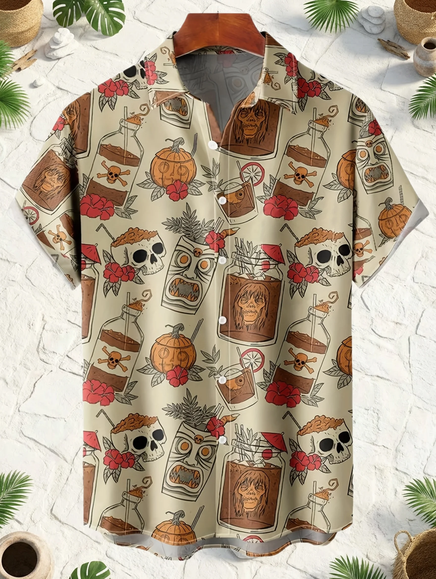 Retro Tropical Totem Wine Bottle Skeleton Flower Graphic Short Sleeve Shirt For Men Beach Bar Casual Tops Mens Clothes
