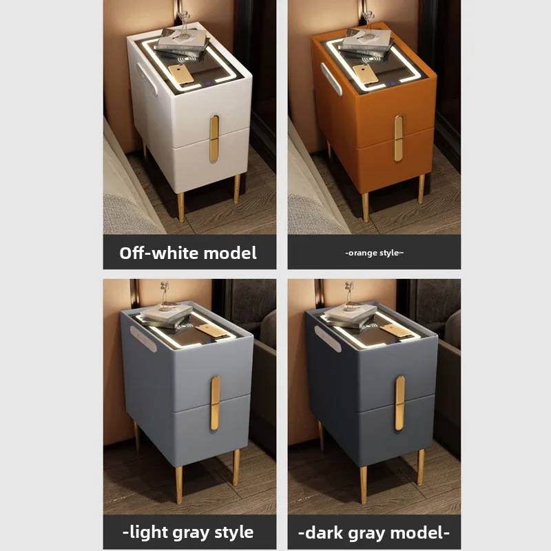 Modern Simple Leather Bedside Table with Smart Charging Function Solid Wood Storage Cabinet Luxury Nightstand for Bedroom