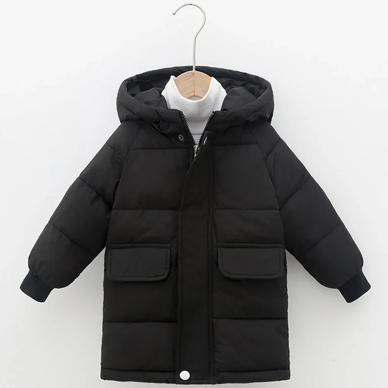 3-10 Years Winter Autumn Boys Jacket Long Style Solid Color Thick Keep Warm Hooded Coat For Teen Kids Down Cotton Outwear