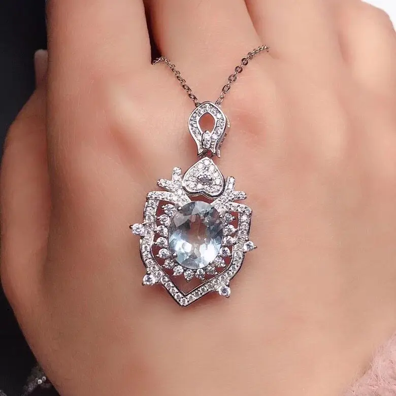 Natural Aquamarine 8mm*10mm Pendant Necklace Stone Pendant Sterling Silver Gemstone Pendant GLuxurious Personality
