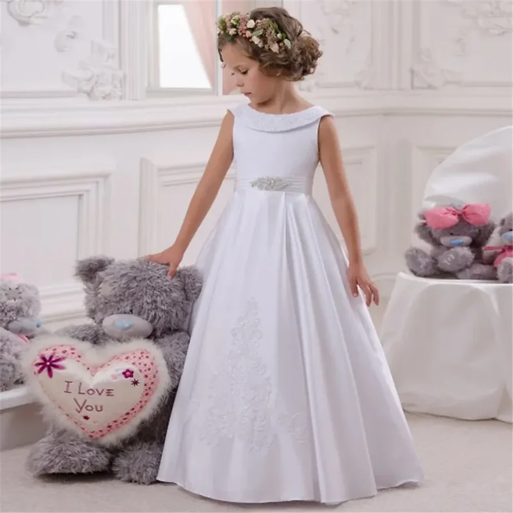 Flower Girl Dress Satin Flory Pattern Diamond Sleeveless For Wedding Birthday Gift Party Banquet Princess First Communion Gowns