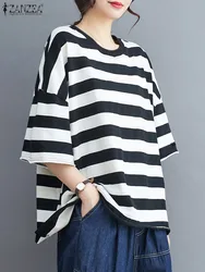 ZANZEA Women Oversized Stripes Blouse 2024 Summer Dropped Shoulder Tops Fashion Colorblock T-shirts Holiday Casual Loose Tunics