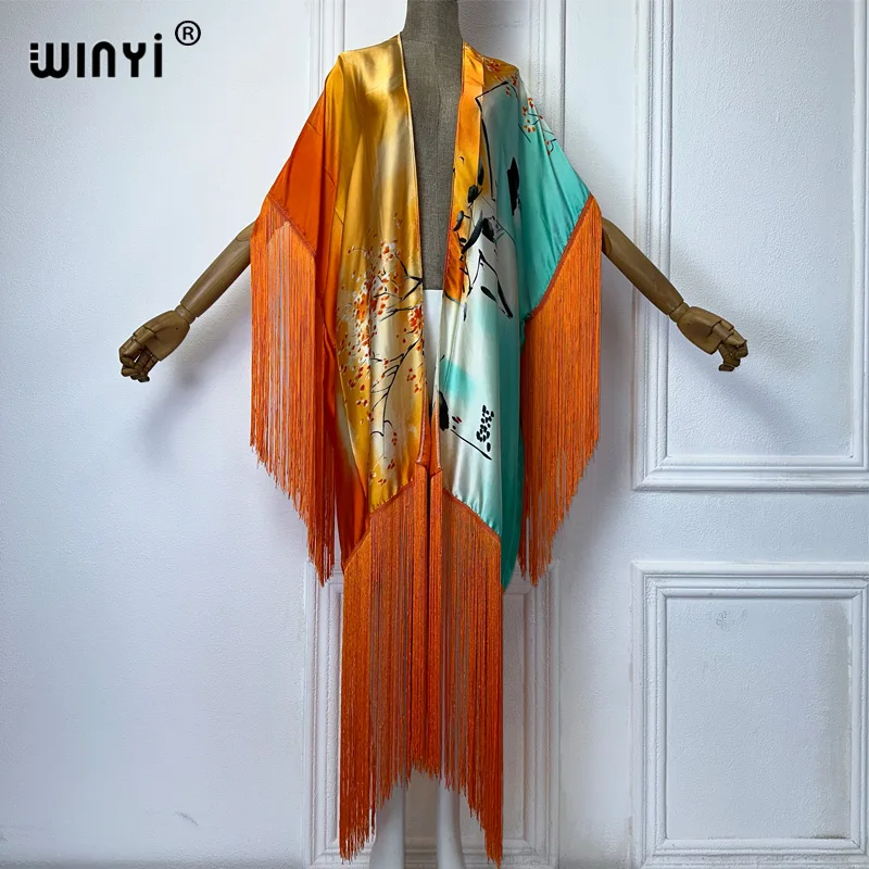 WINYI tassels kimono cover-up summer print Bikini Cover-up Elegant fashion Cardigan sexy Holiday long Sleeve tassels maxi dress