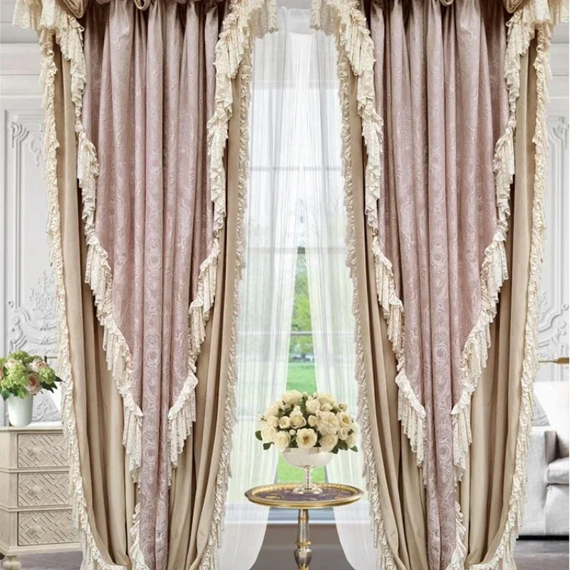 Luxury High-end Curtains for Living Dining Room Bedroom French Court Style Retro  Rococo Milk Tea Pink European Velvet American