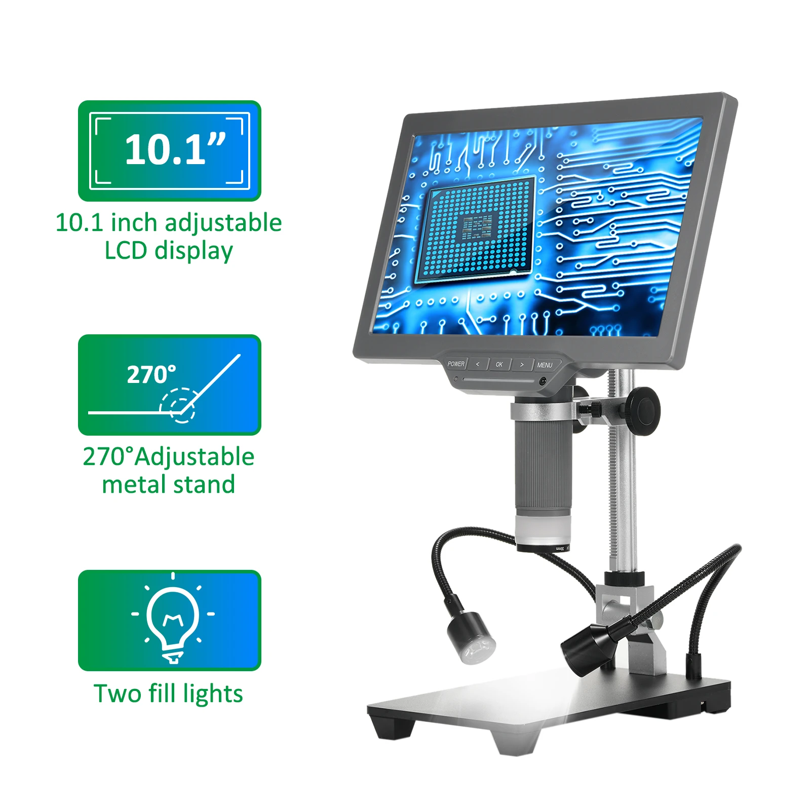 Digital Microscope with 10.1'' IPS Screen TV for Electronic Repair Coin Microscope with IR Remoter USB Cable Base Metal Bracket