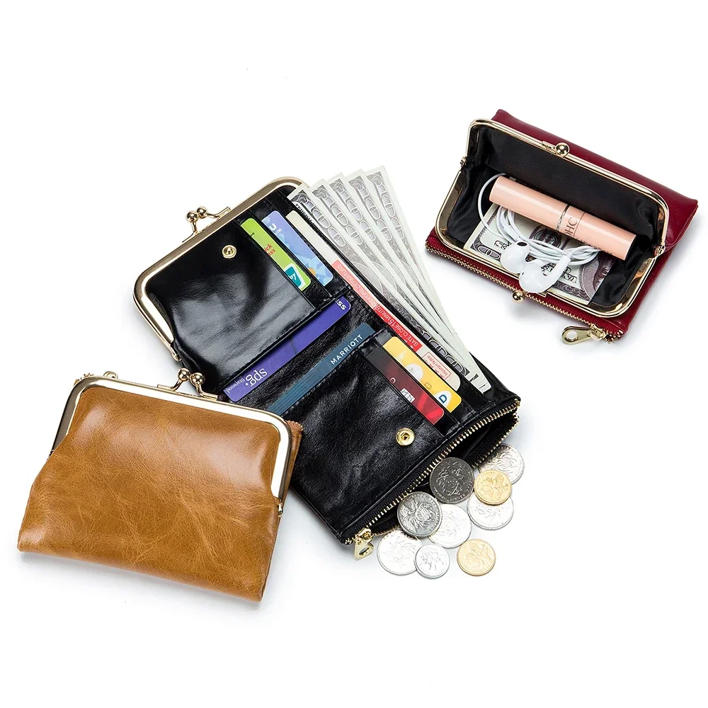 

New Genuine Leather Retro Handheld Bag Short Wallet Women's Multifunctional Clip Zero Cowhide Wallet Simple Storage Bag