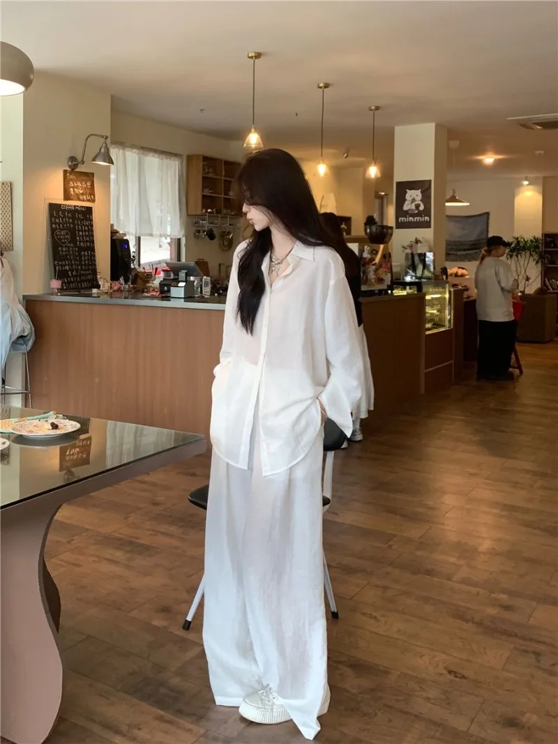 2024 Early Spring Lazy Style Linen Sun Protection Shirt Casual Wide Leg Pants Long Pants Loose Two-piece Set Female Clothing