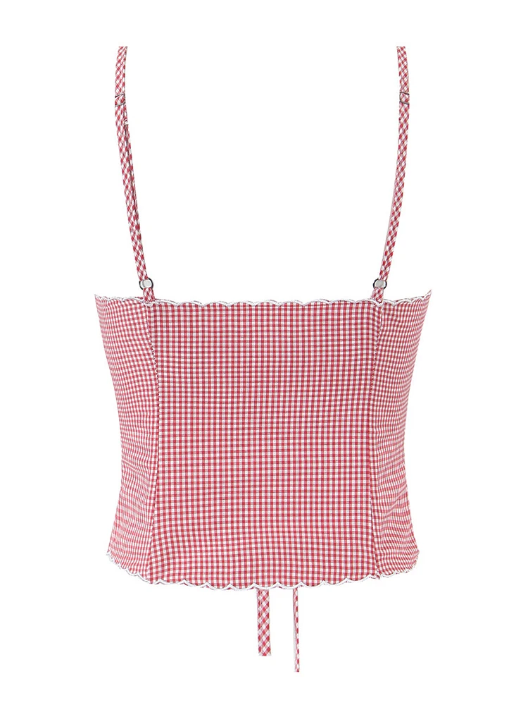 قميص قصير منقوش باللون الأحمر الحلو للسيدات من Chu Sau Beauty 2025 أنيق بدون أكمام قطع علوية مقصوصة فرنسية على شكل حرف v مثيرة ضيقة بدون ظهر كاميس #2