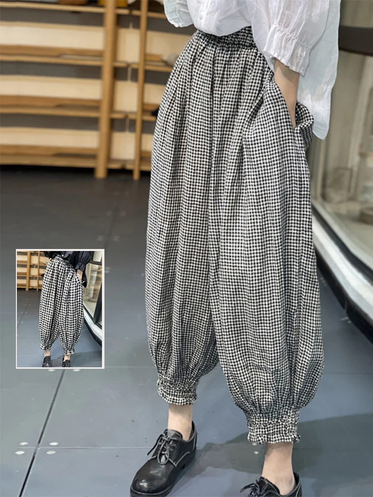 Retro Japanische Sle Bla Weiß Plaid Baumwolle Leinen Laterne Hosen Lose Elastische Taille Vielseitig Harajuku Sle plus Größe Frauen...