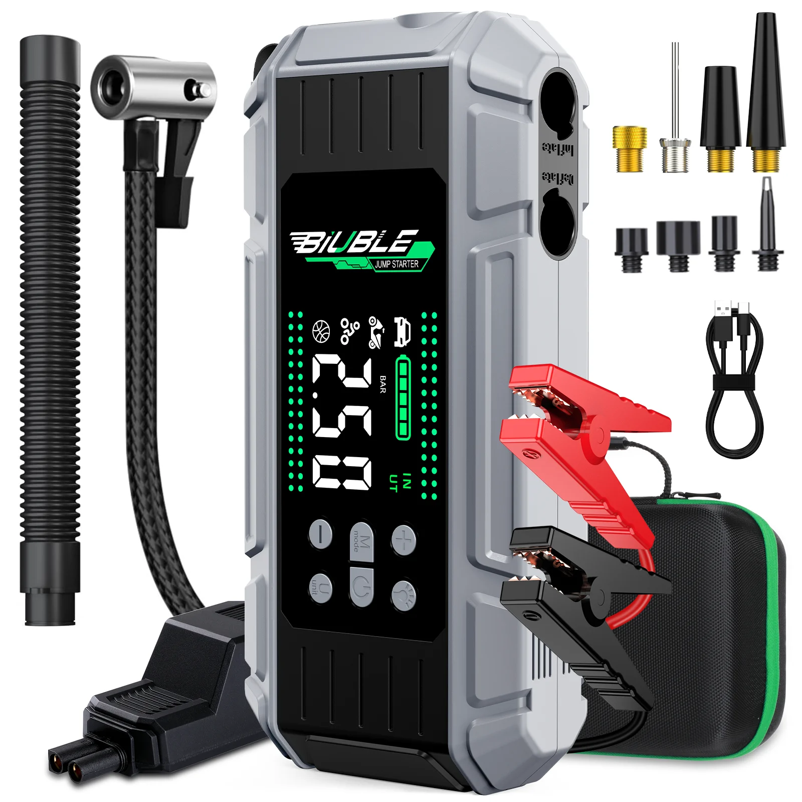 6-in-1 8000A Portable Emergency Jump Starter Features a 150PSI Air Compressor, a Barbecue Blower, and Can Also Charge Mobile Phones and Tablets.