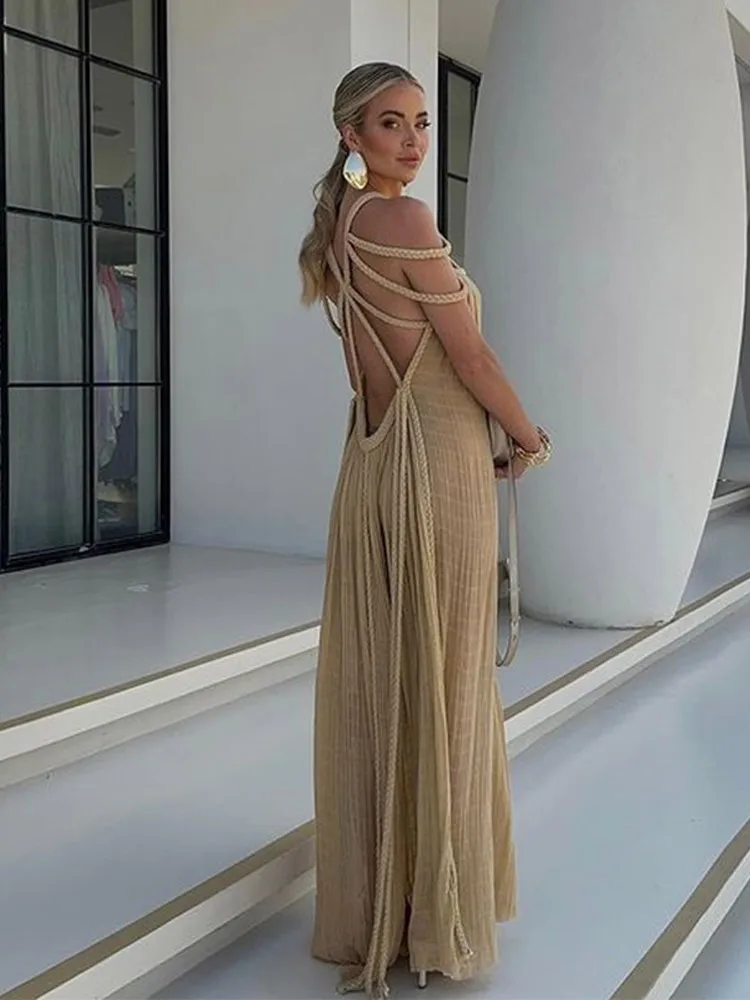 Fashion Hollow Out Backless Women Long Dresses Elegant Solid Bandage Halter Sleeveless Holiday Dress Female Beach Party Vestidos