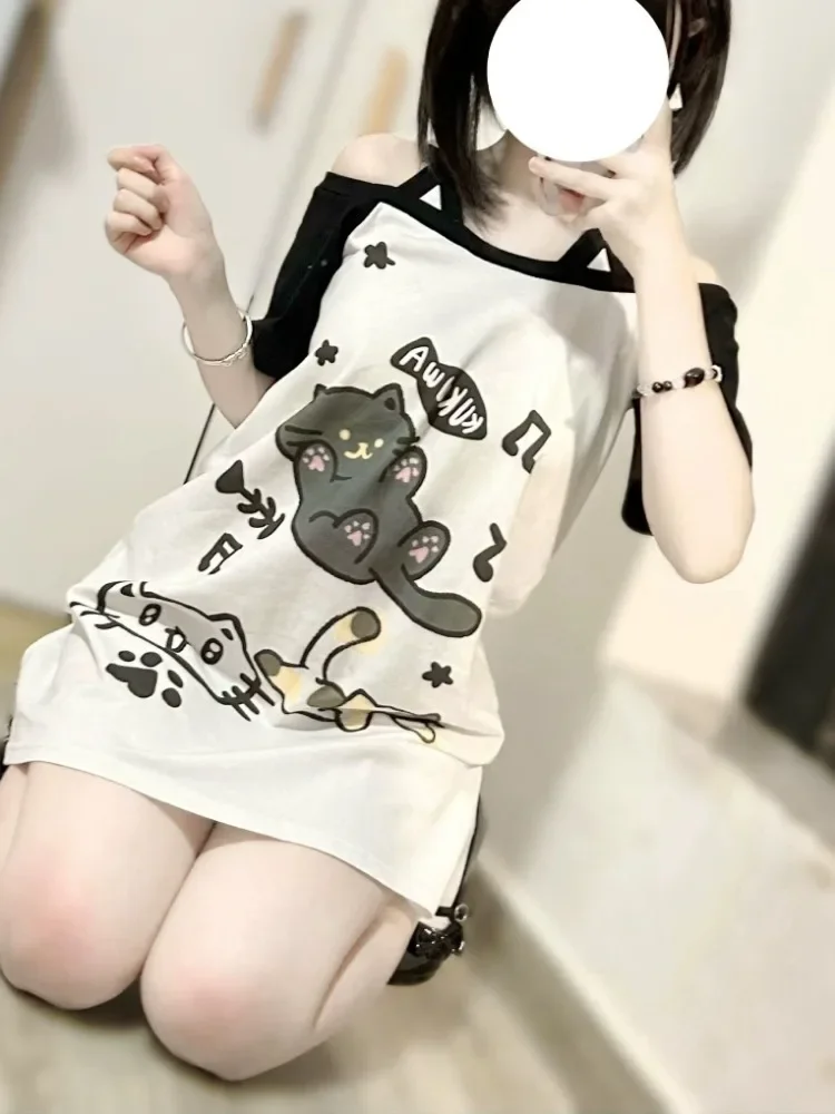 Japanese Patchwork Women Off Shoulder Graphic T Shirts Kawaii Cute Cartoon Print T-shirt Top Summer Y2k Aesthetic Grunge Tees