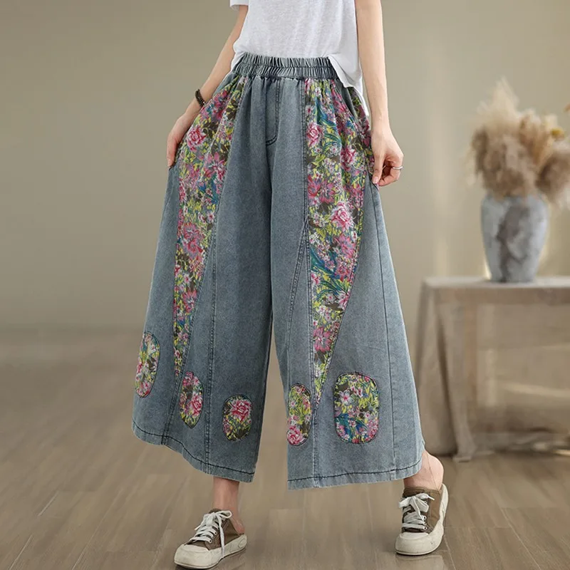 Women New Arrival 2025 Vintage Style Patchwork Floral Print Loose Female Casual Jeans B3876 High Waist Wide Leg Denim Pants
