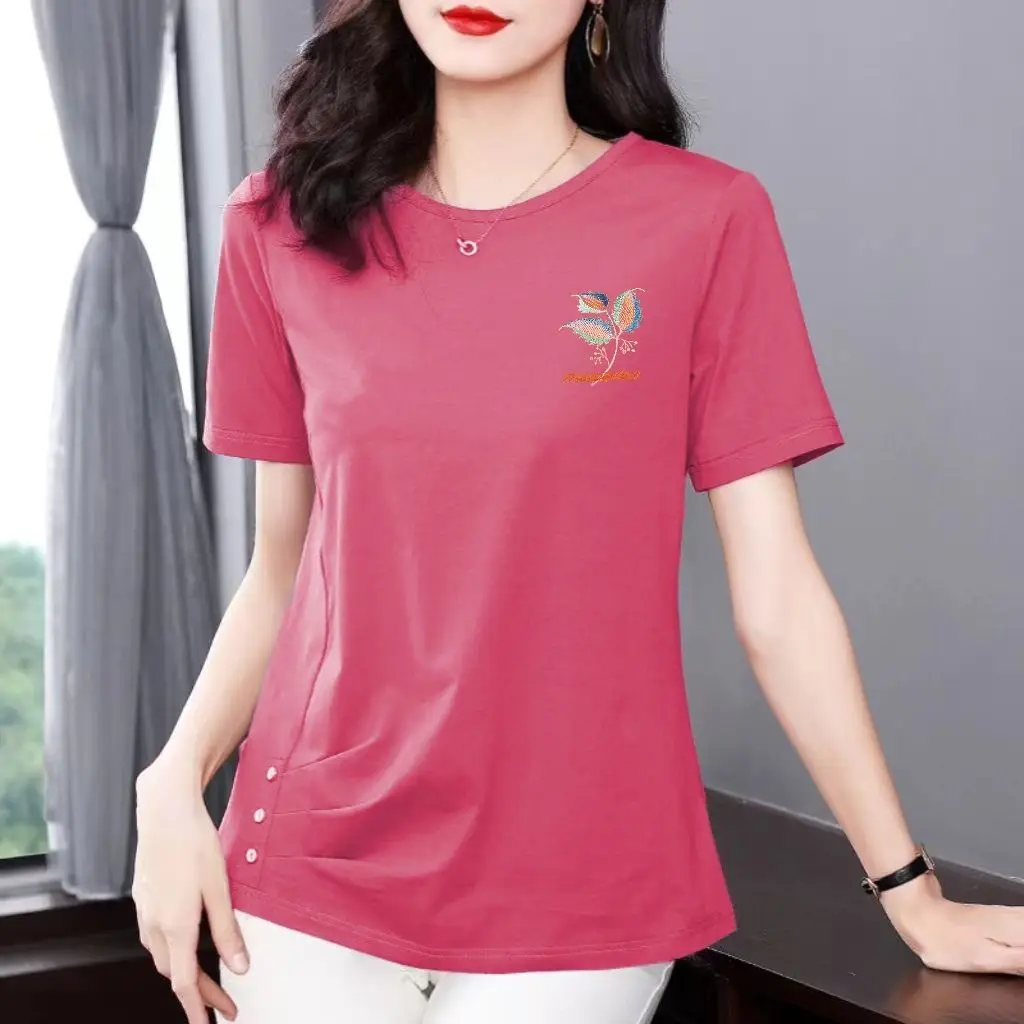 Women\'s T-shirt Round Neck Short Sleeve Summer 2023 New Cotton Simple Casual Fashion Versatile Folds Graphic Printing Tops