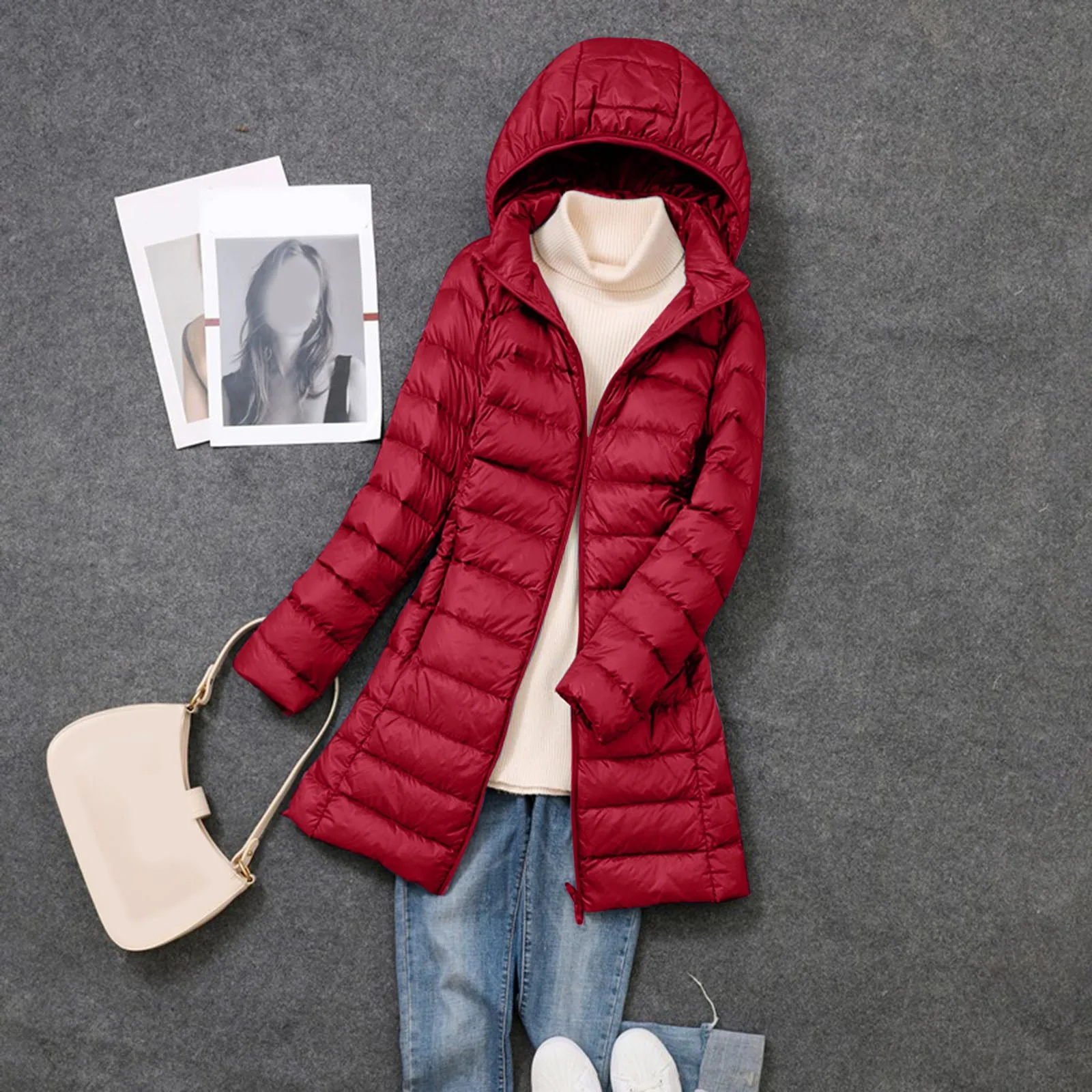 Jaquetas puffer destacáveis para mulheres, casaco longo e quente com chapéu, pato branco para baixo, outwear portátil para senhora do escritório, nova chegada, outono e inverno, 2024