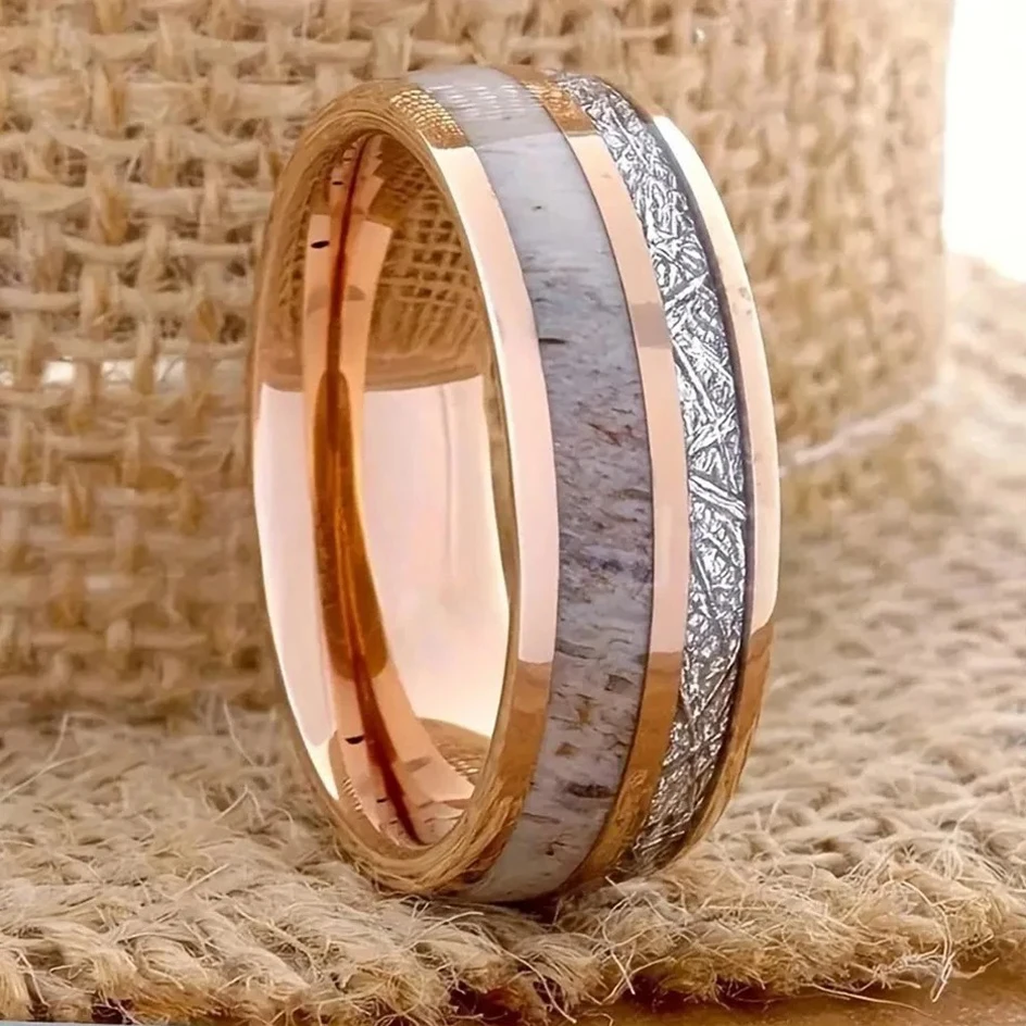 Deer Antler And Meteorite Ring, Rose Gold Color Brushed Fashion 8mm Men Stainless Steel Rings for Men, Wedding Band Jewelry Gift