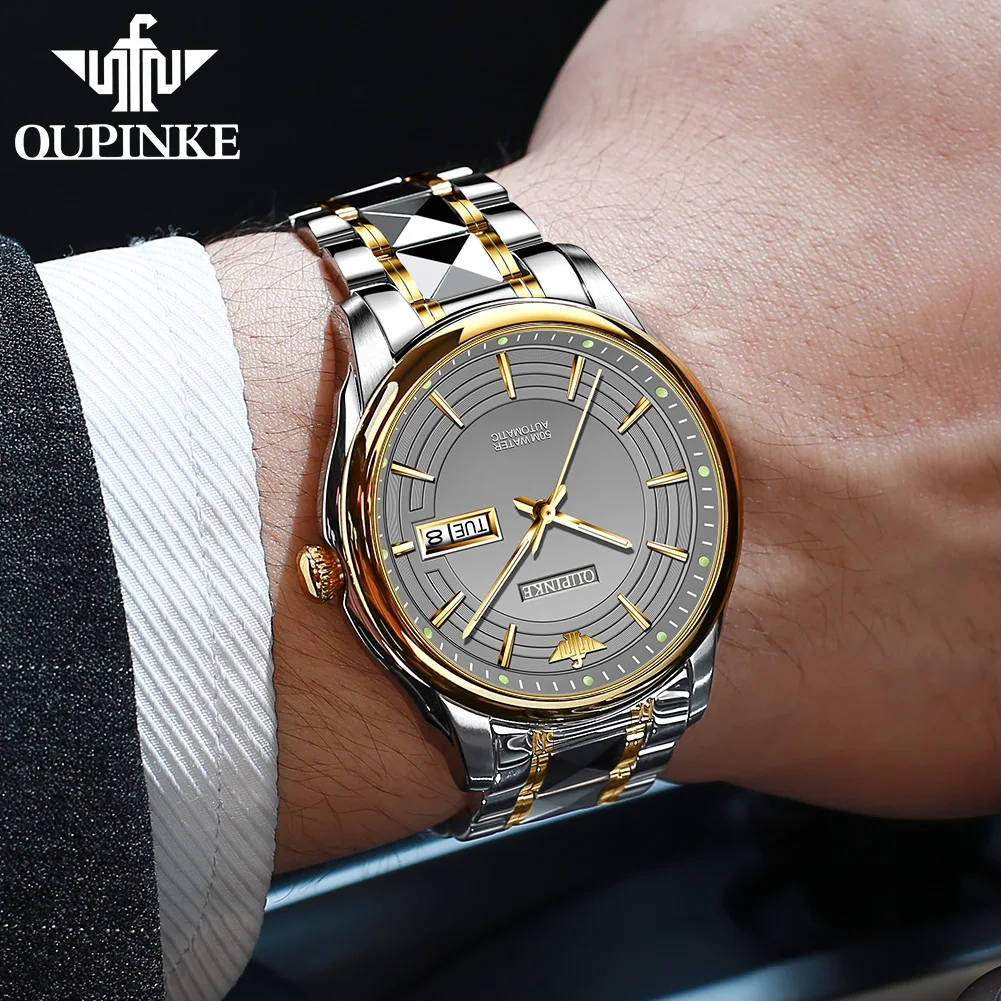 OUPINKE 3170 Fully Automatic Mechanical Watch Men Stainless steel Waterproof Night Light Dual Calendar Display Wristwatch Man