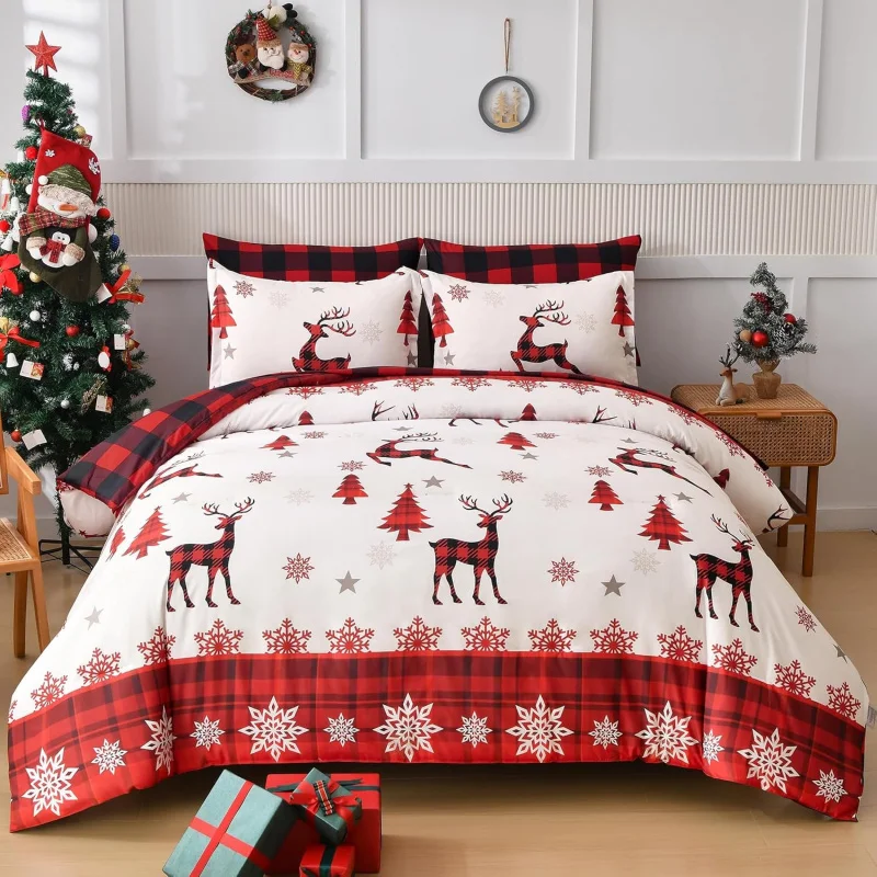 

Christmas duvet set extra large 3-piece set, red reindeer snowflakes, soft polyester bedding set