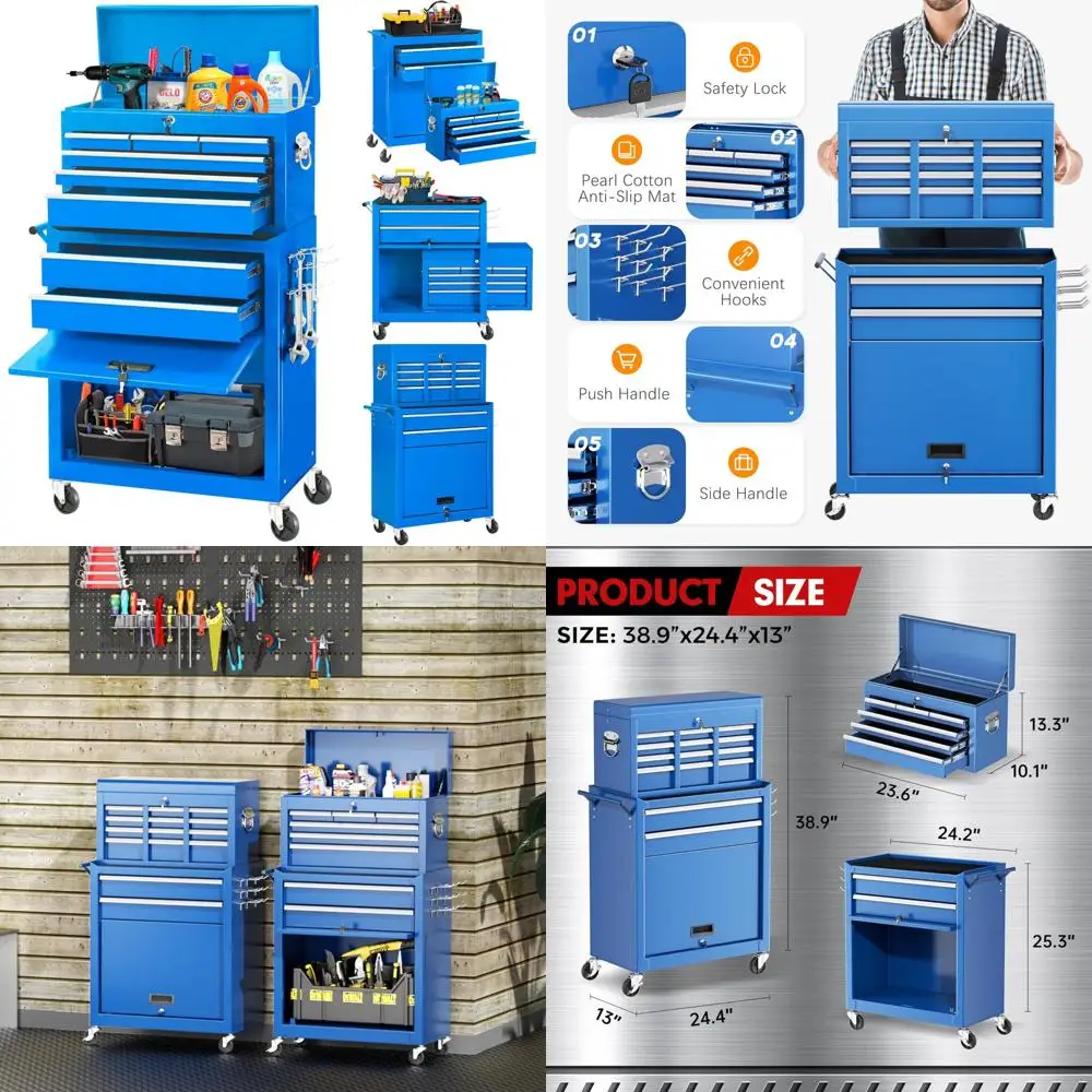 

Large Rolling 42 Metal Tool Chest with 8 Drawers, Detachable Top Box, Locking Mechanism, and Storage Solutions