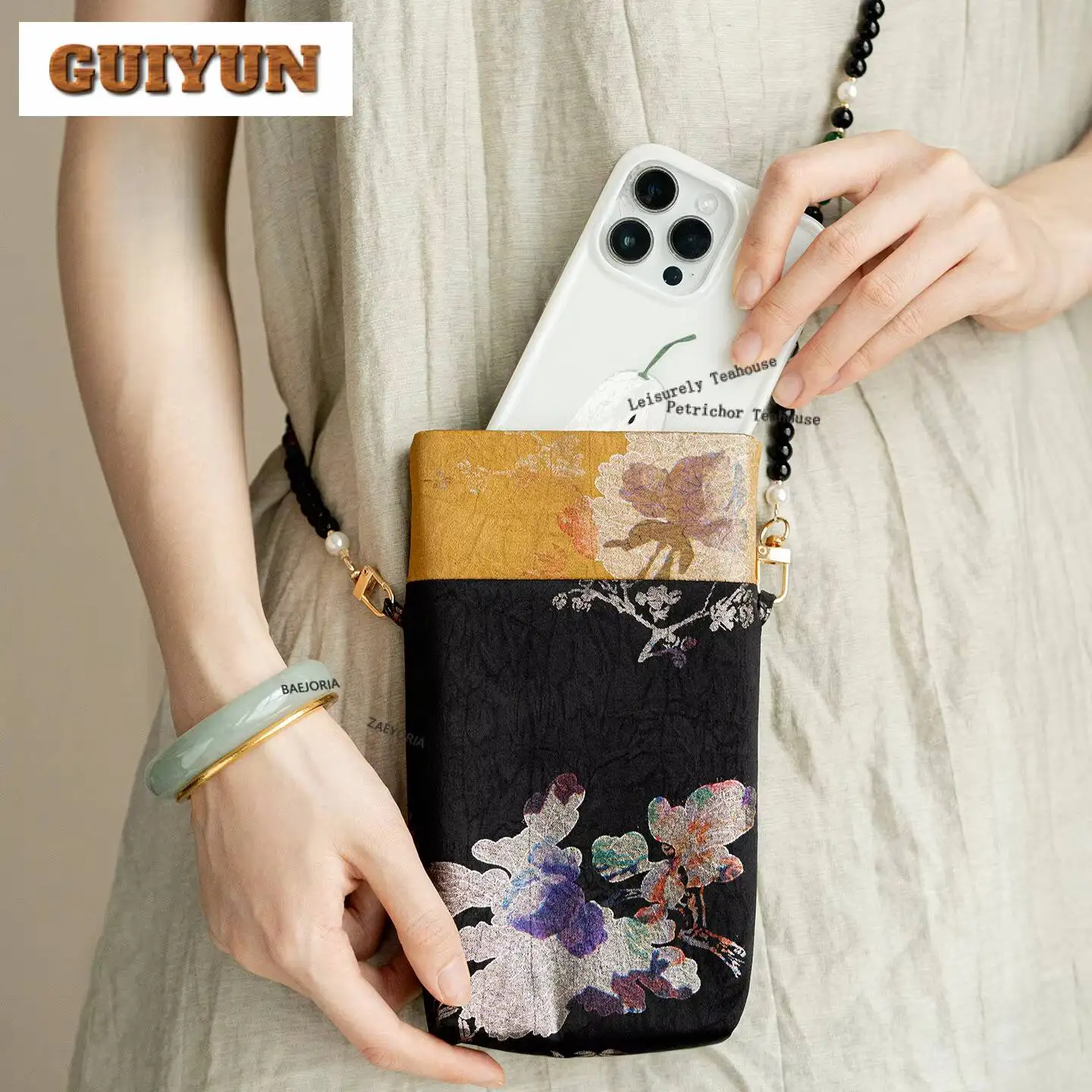 New Chinese-style Light Luxury Fabric Phone Bag Jade Bead Bead Chain Single Shoulder Crossbody Bag Creative Accessories Portable
