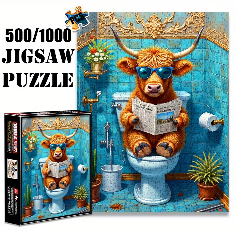 500/1000pcs Jigsaw Puzzle - Whimsical Highland Cow on Toilet with Fashion Glasses, Vintage Bathroom Scene & Ornate Blue Tile D