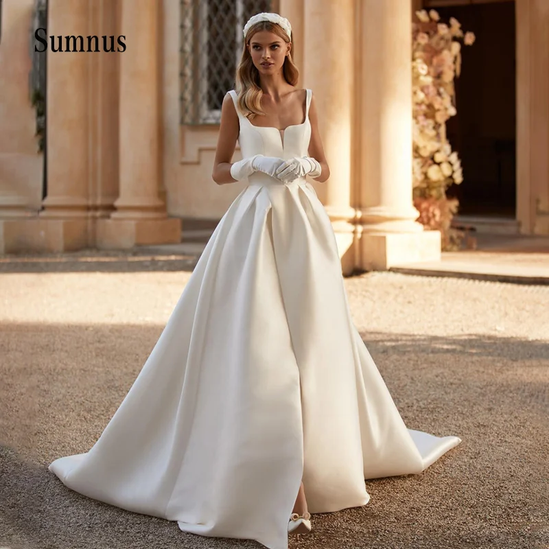 Simple Satin A Line Wedding Dresses Square Neck Front High Split Bride Gown Vestidos de Novia Elegant Princess Bridal Dress