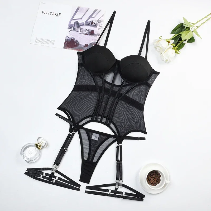 Ellolace Lingerie Corset Outfits 4-Piece Seamless Sexy Porn Underwear Uncensored Sheer Lace Sissy Erotic Set Black Intimate