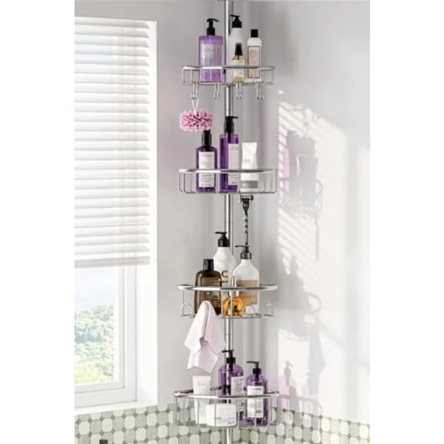 

Corner Shower Caddy Tension Pole: Stainless Steel Rustproof 4-Tier Shower Organizer - 47-121 inch Adjustable Bathroom Shelves f