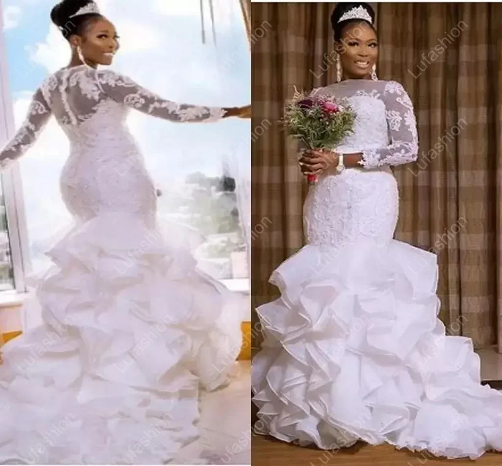 Robes de mariée sirène en dentelle personnalisées, manches longues 3/4, boutons couverts au dos, volants, traîne de balayage, décolleté bateau, personnalisé Ma