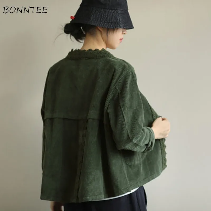 

Corduroy Basic Jackets for Women Literary Vintage Baggy Cozy Korean Fashion Lace Spliced Streetwear Gentle Outwear Spring Mujer