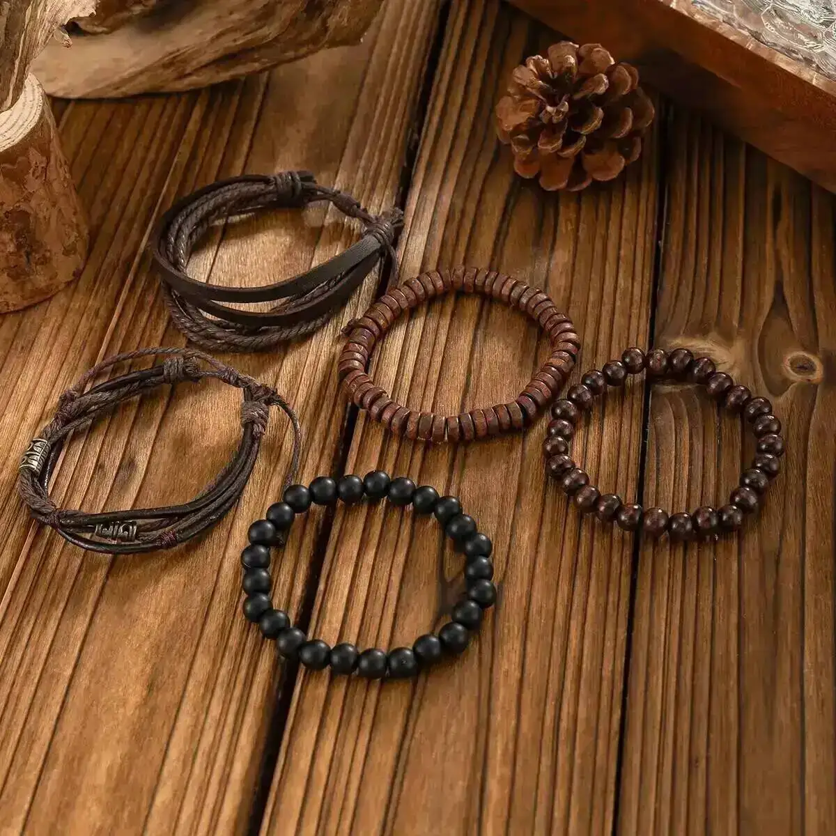 

Lacteo 5-Pcs Punk Vintage Leather Woven Bracelets Set for Men with Brown Wood Beads Fashionable Bangle Daily Jewelry Accessory