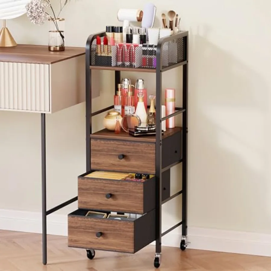 

Rolling Makeup Cart Organizer Floor Skincare Make Up Storage with 3 Non-woven Fabric Drawers Vanity Organizer Cosmetic Display