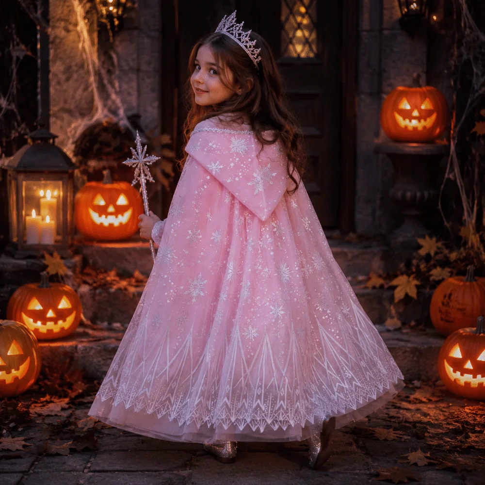 Halloween Mesh Snow Princess Cape Sequined Shiny Shawl Children Cloak Sweet Snowflake Print Girls Hooded Cloak Role Playing