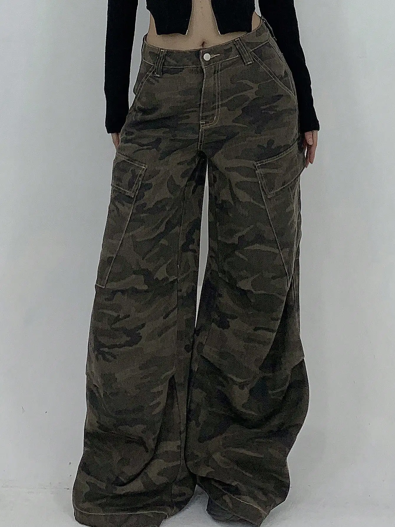 

Женские джинсы-карго с камуфляжным принтом, широкие штанины, стиль Y2K, с высокой талией, повседневные брюки