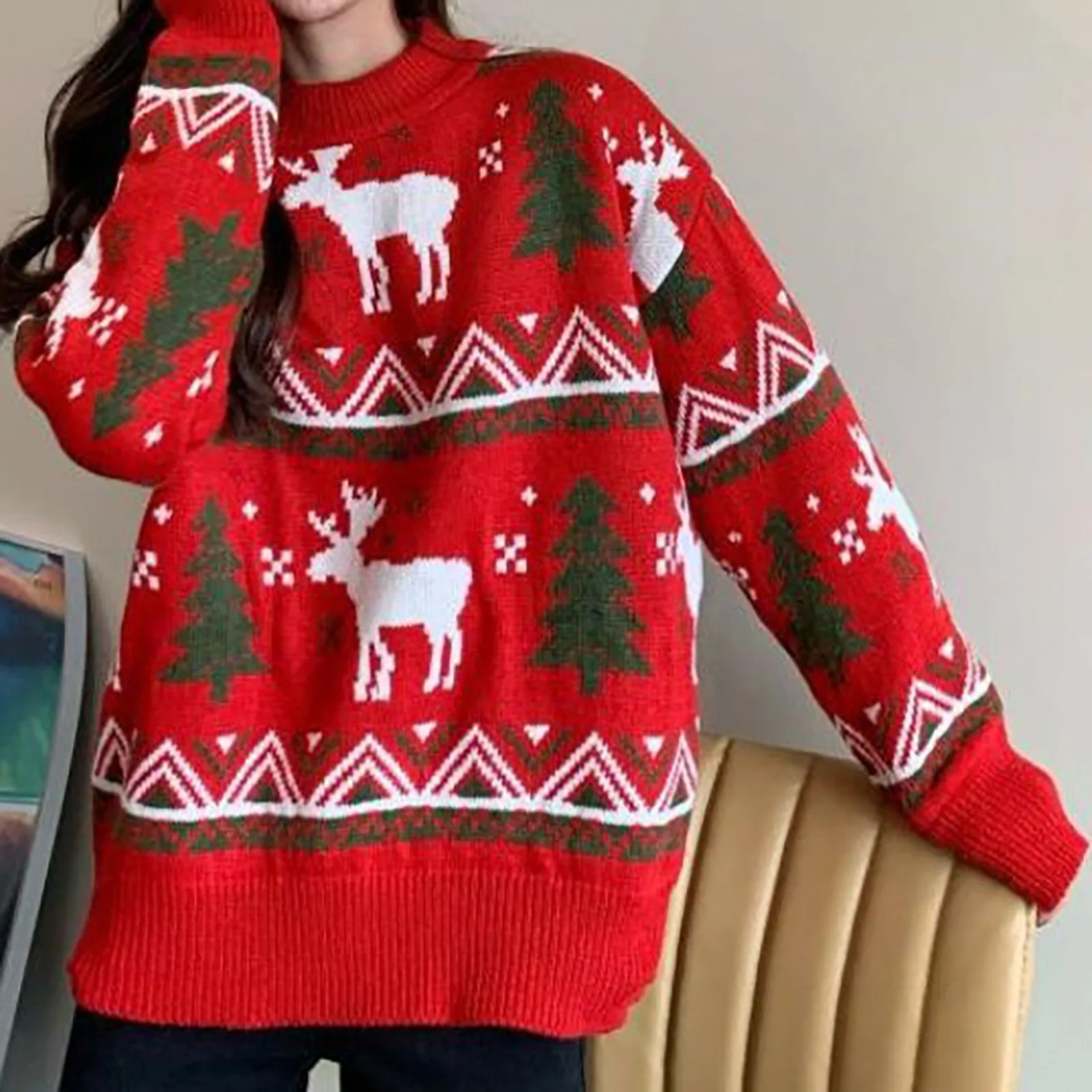 Autumn Winter Fashion Jacquard Christmas Sweaters Women Clothing Vintage Loose Warm Jumper Thick Knitted Pullovers