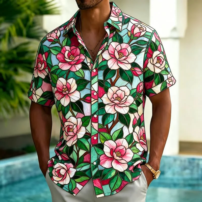 

Men's Stained Glass Floral Print Shirt，for Garden Strolls, Summer Concerts, Casual Gatherings and Relaxed Vacation Plans