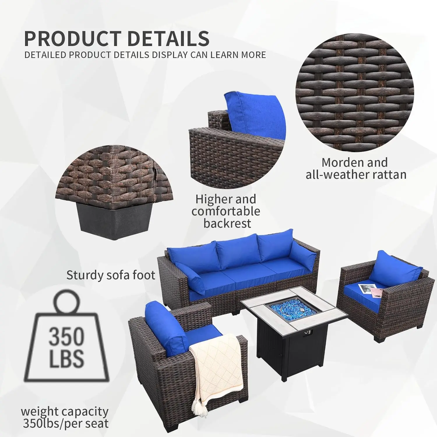 Rattan Furniture Set Outdoor PE Wicker Conversation Couch,  Sofa Couch with Fire Pit Table Non-Slip and Washable Royal