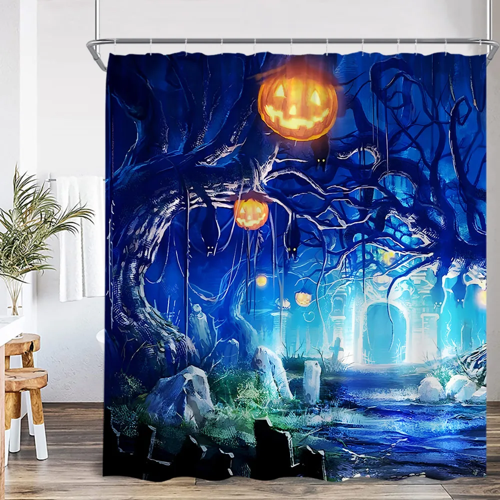 

Happy Halloween Shower Curtain Pumpkin Lantern Trick or Treat Clown Black Mat Horror Night Bathroom Decor Halloween Bath Curtain