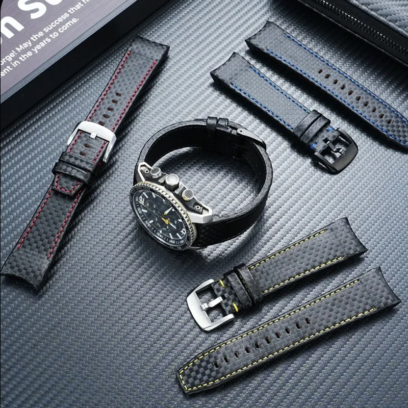 

For Tissot 1853 T079 Series T079427A Curved End Mouth Watch Strap T079 427A Carbon Fiber Pattern Leather Bracelet 23mm Men