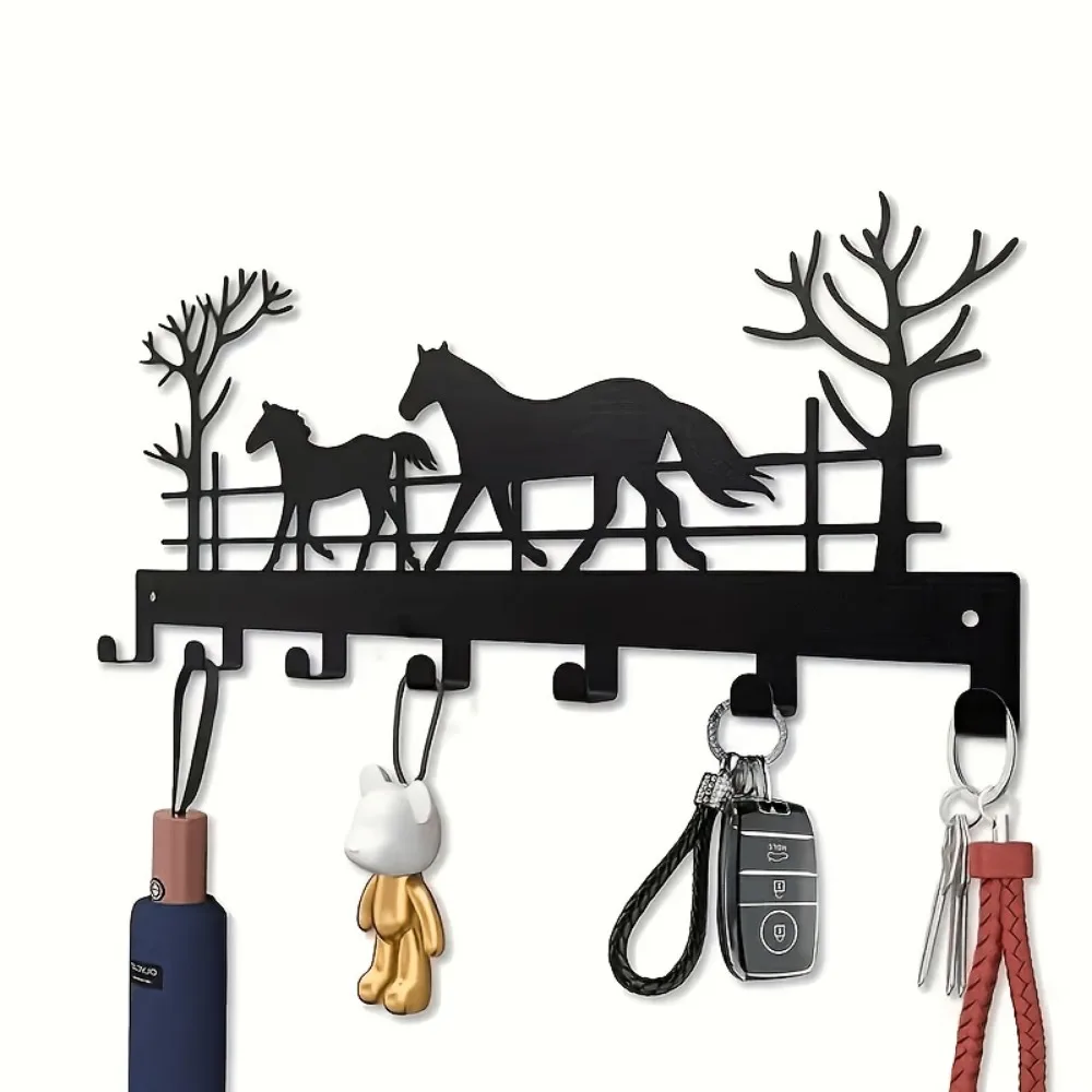 CIFBUY Metal Horse Key Holder Wall Decor, 7 Hooks Iron Key Organizer, Black Hanging Rack for Entryway Hallway Office