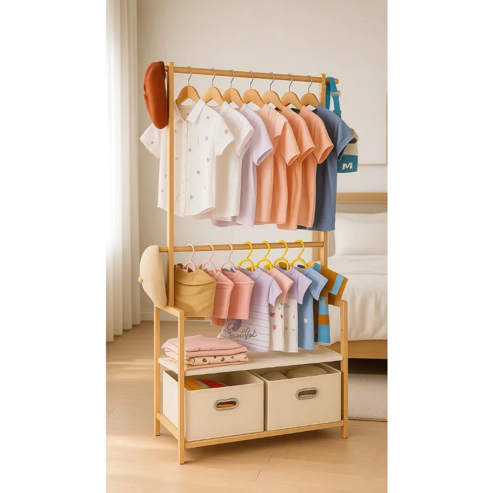 

Bamboo Kids Clothing Rack with Two Baskets Adjustable Rods Shelf Playroom or Bedroom Natural Finish