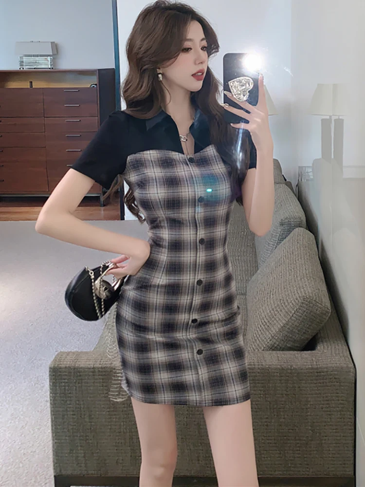 2024 Black Patchwork Plaid Short Sleeve Mini Dress Women Fashion Polo Collar Shirt Dress Spring Summer Korean Elegant Prom Dress