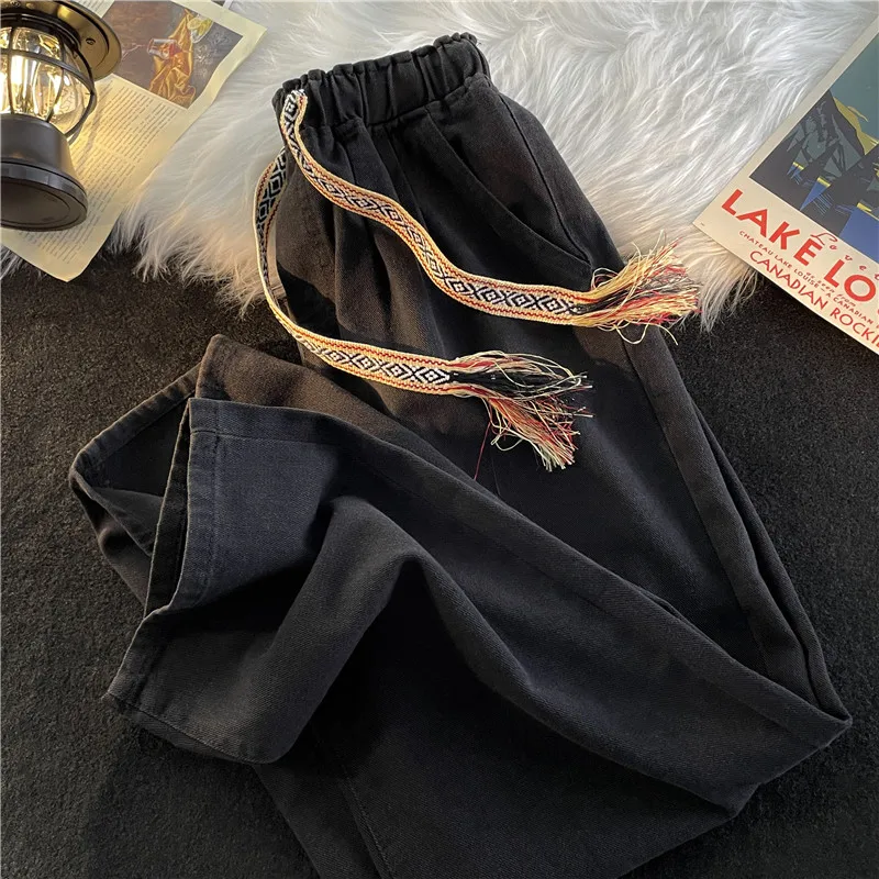 

Casual Drawstring Waist Denim Jeans Men's Loose Vintage Trendy High Street Versatile Leisure plus Size Wide Leg Long Pants