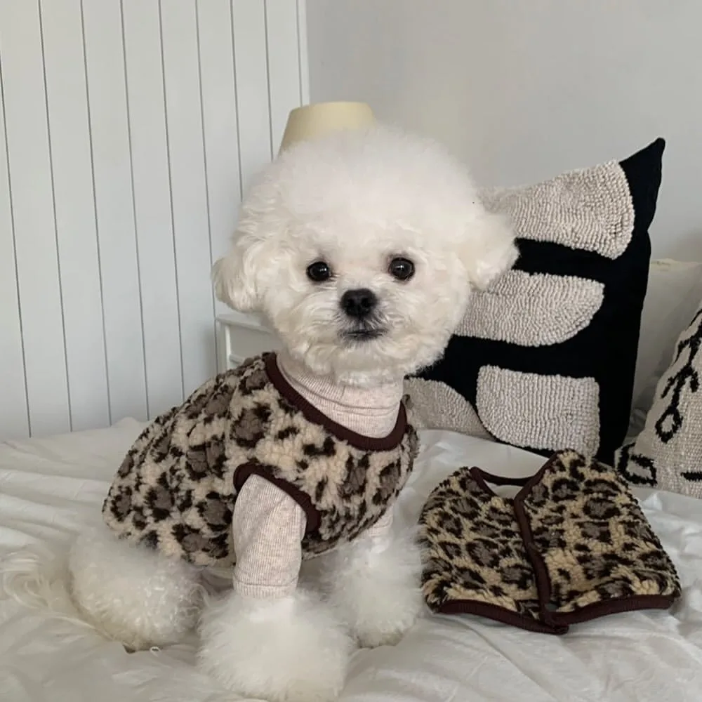 Winter Leopard Print Teddy Cotton Dog Vest, Backless Sleeveless Jacket for Small & Medium Dogs (Maltese, Cats)